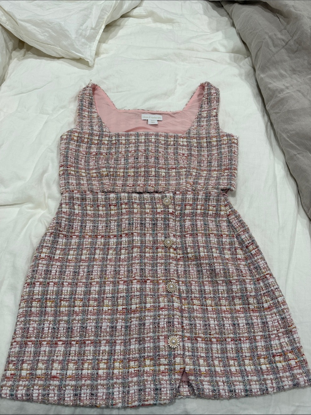 House of Harlow 1960 Pink Tweed Mini Skirt with Pearl Buttons